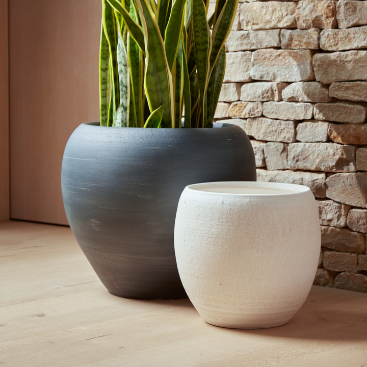Amora Indoor Plant Pots in white and black, styled side by side to showcase their sculptural design and contrasting finishes.
