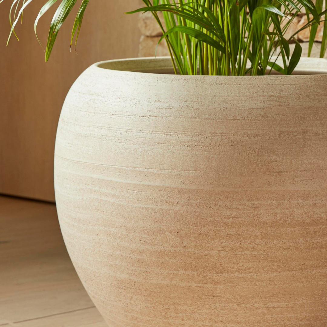 Close-up of the Amora Indoor Plant Pot in a neutral tone, highlighting its handcrafted texture and smooth curved design.