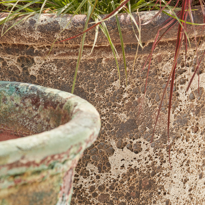Handcrafted rim detail of the Eris Ancient Glazed Plant Pot, showcasing the premium salt glaze and textured stone-effect surface.