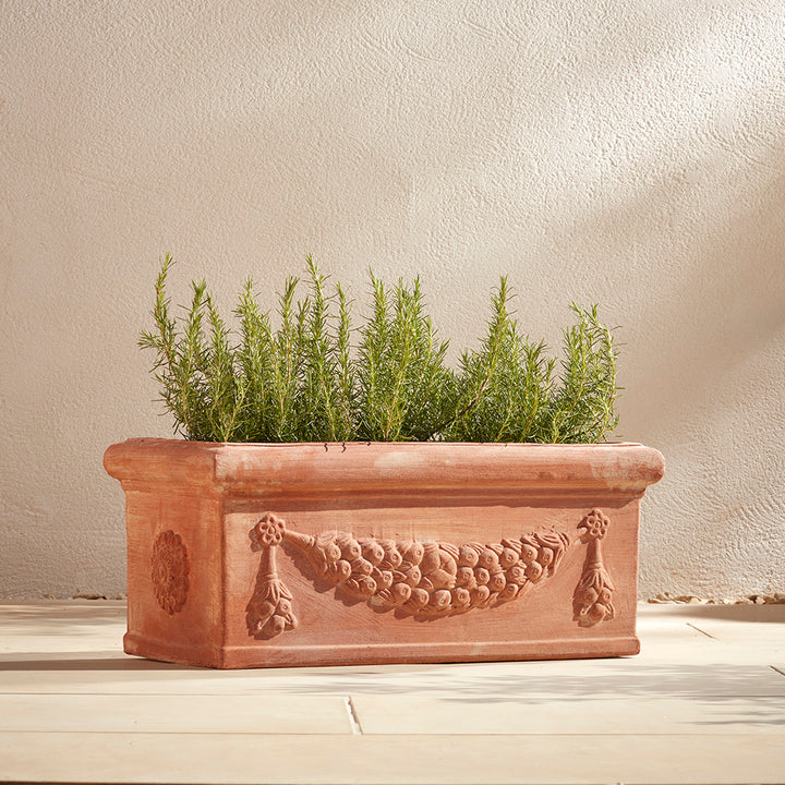 Large Italian Terracotta Trough Windowsill Planter filled with fragrant rosemary, and positioned in a sunny place on a Mediterranean patio