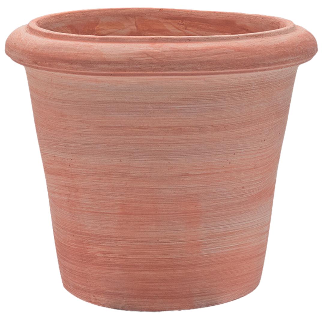 Florence Large Terracotta Pot in a studio setting, featuring a wide rim and a natural, kiln-fired terracotta finish. A timeless, handcrafted planter for garden and patio spaces.