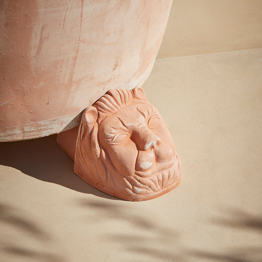 Italian terracotta lion's head pot feet hand made from Galestro clay. Beautiful Mediterranean patina gives these feet a sun bleached finish
