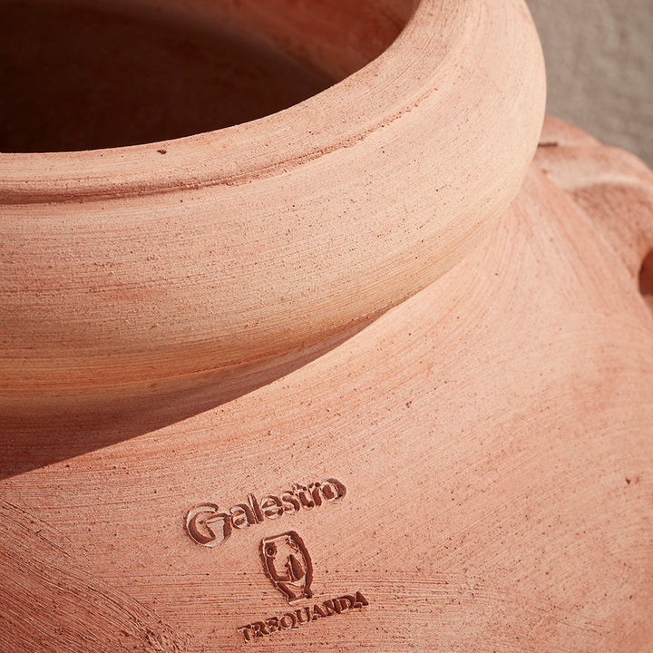 Close-up of Galestro clay branding on a high-quality Italian terracotta garden pot, showcasing its artisanal craftsmanship for UK gardens