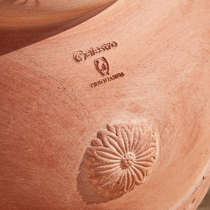 Close-up of Galestro clay branding on a high-quality Italian terracotta garden pot, showcasing its artisanal craftsmanship for UK gardens