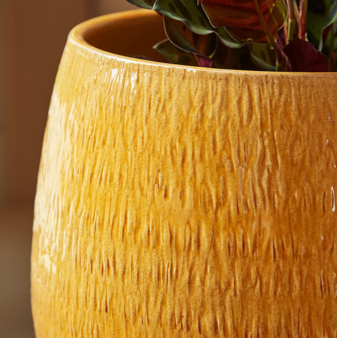 Close-up of the Ramada Indoor Plant Pot’s golden yellow glaze, highlighting its intricate hand-carved texture and artisanal craftsmanship.
