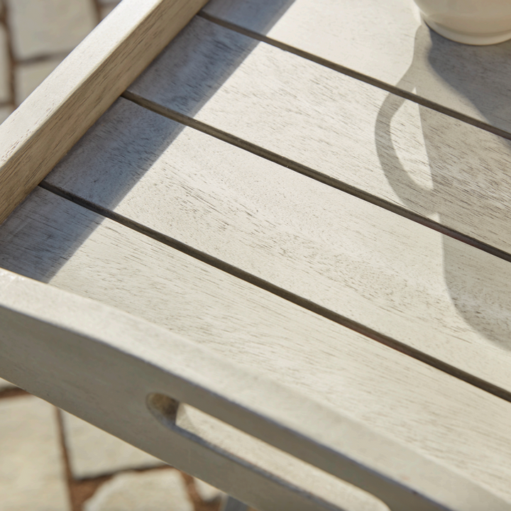 detail of wooden butlers tray for garden