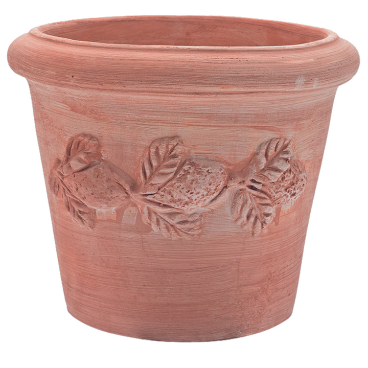 Sorrento Citrus Terracotta Pot in a studio setting, featuring a wide rim, decorative garland detailing, and a smooth, Italian terracotta finish. Ideal for Mediterranean gardens and outdoor plant displays.
