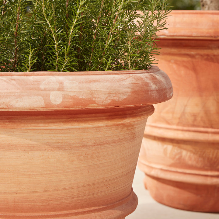 Detailed view of the Verona Extra Large Terracotta Pot’s rim and handcrafted banding, highlighting its traditional Italian design.
