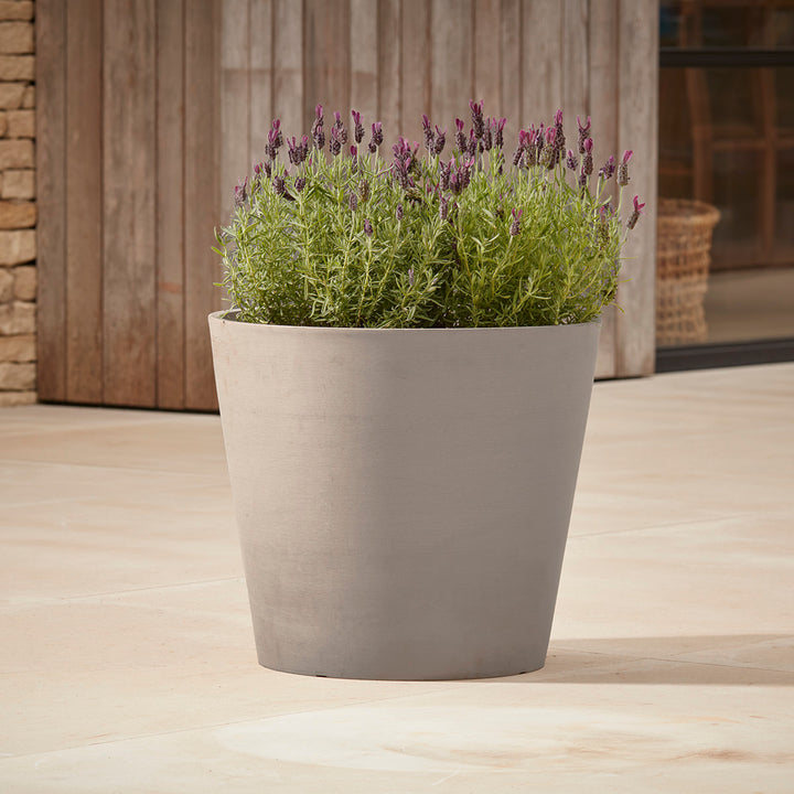 Gray planter with lavender plant on a wooden deck