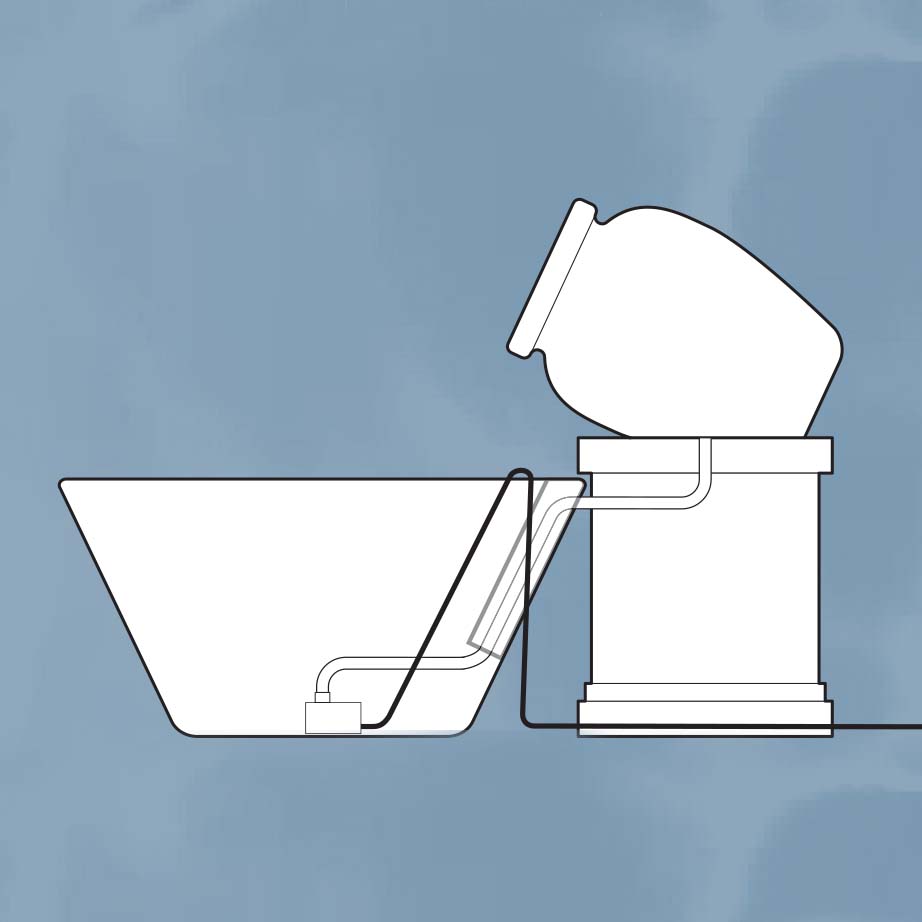 A digital illustration showing the setup of the jug and bowl water feature, including pump and water flow placement.