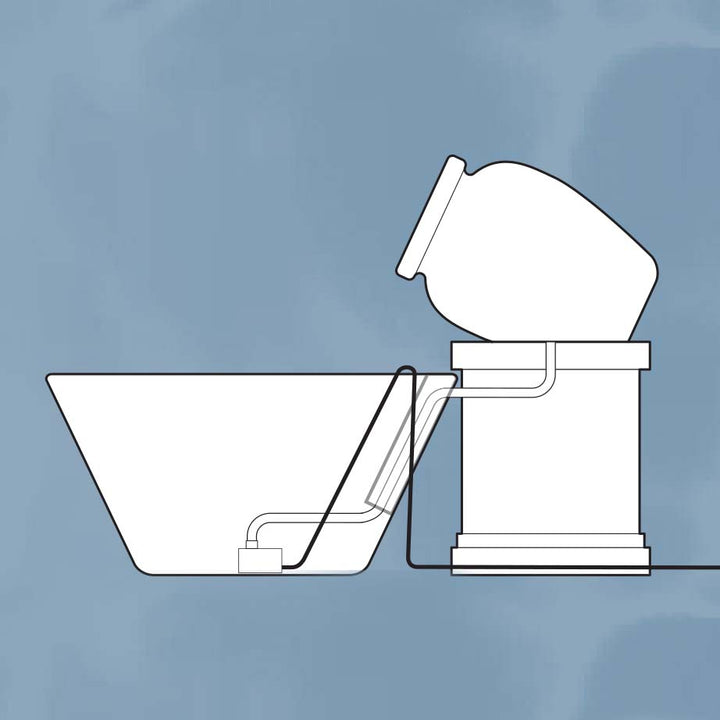 A digital illustration showing the setup of the jug and bowl water feature, including pump and water flow placement.