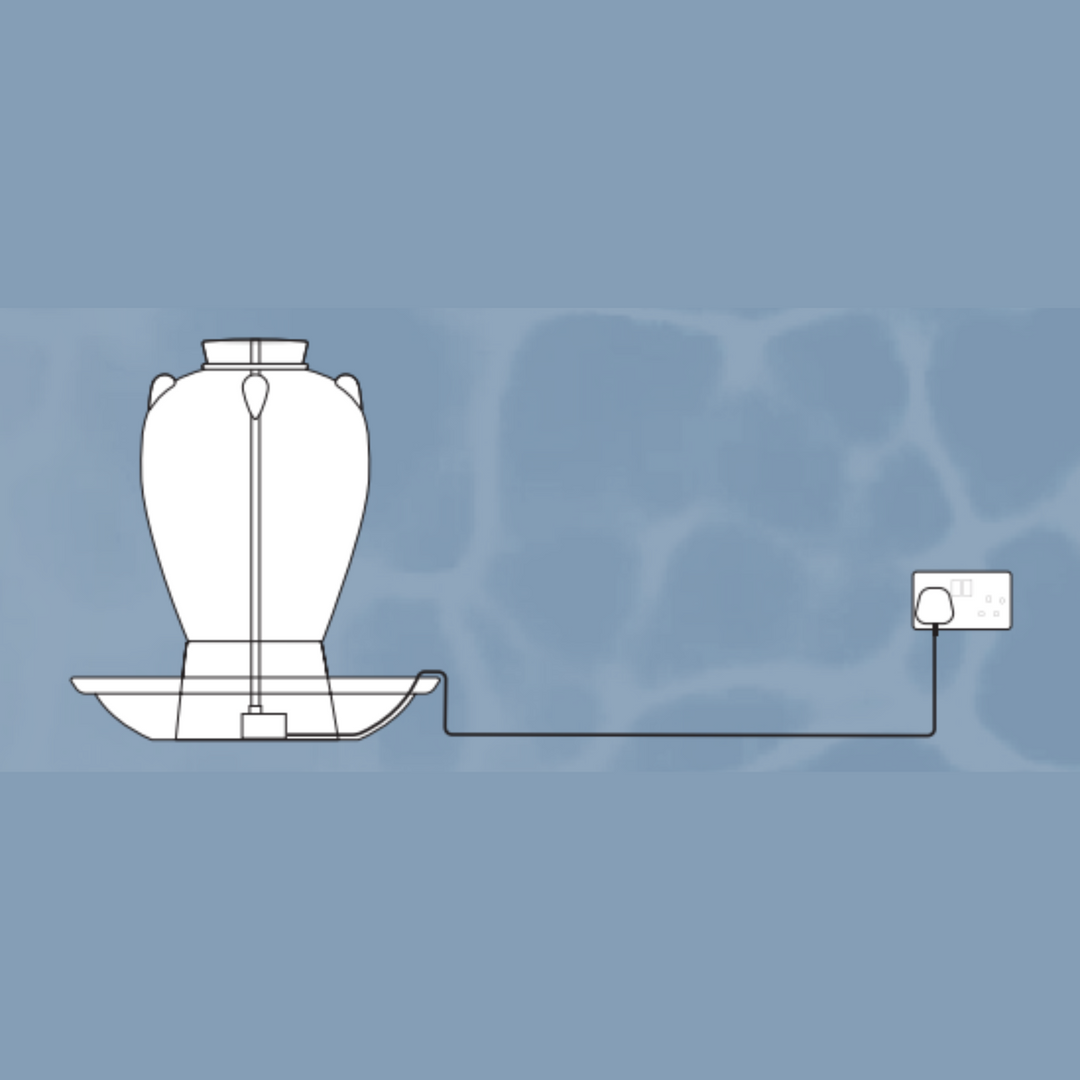 A digital illustration showing the water feature connected to a power source, demonstrating its plug-and-play setup.