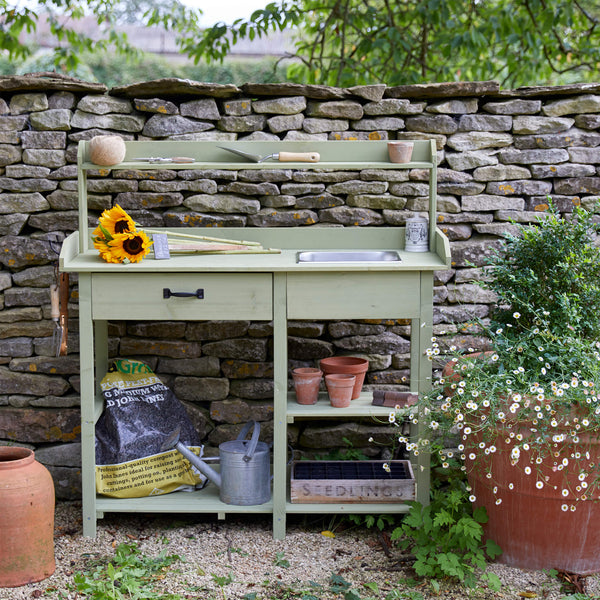 Garden Potting Bench with Hooks, Drawer & Dry Sink at Gardenesque