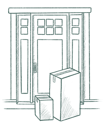 Hand drawn illustration of two large delivery boxes at a contemporary cotswold doorway 