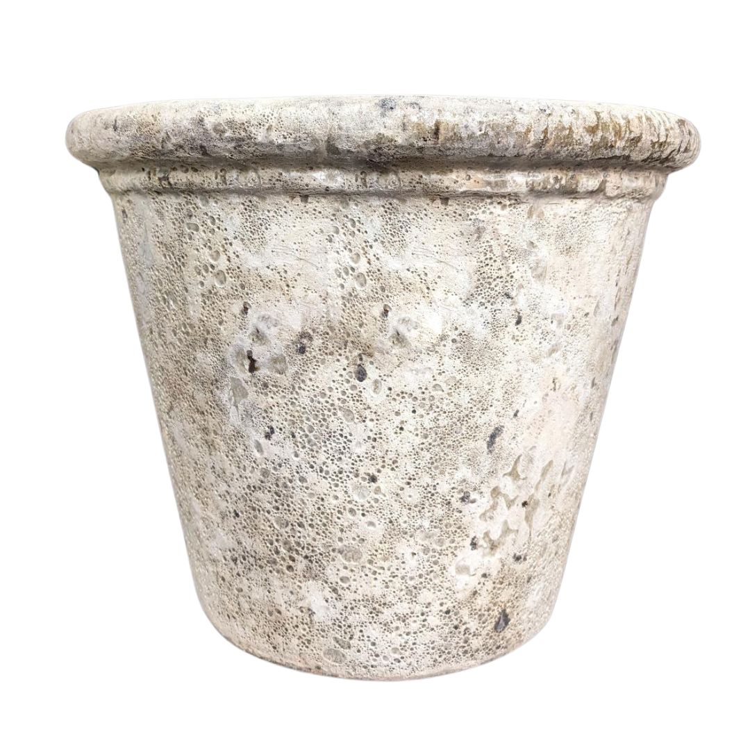 White Eris Ancient Glazed Stone Plant Pot with a traditional weathered finish, made from frostproof clay for year-round outdoor use.