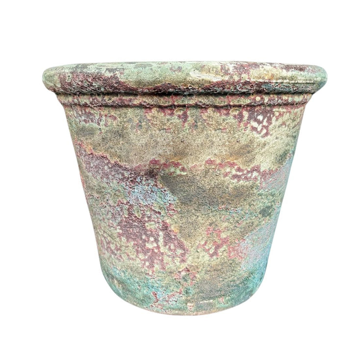 Turquoise Eris Ancient Glazed Stone Plant Pot with a traditional weathered finish, made from frostproof clay for year-round outdoor use.