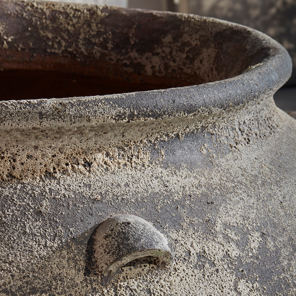 Detail image of ancient stone finish, with mineral formations adding depth and texture to the pot. Unique, one of a kind design 