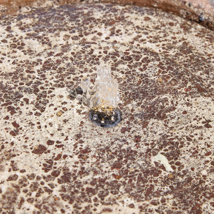 Small crystal-like object on a textured surface with brown and beige colors