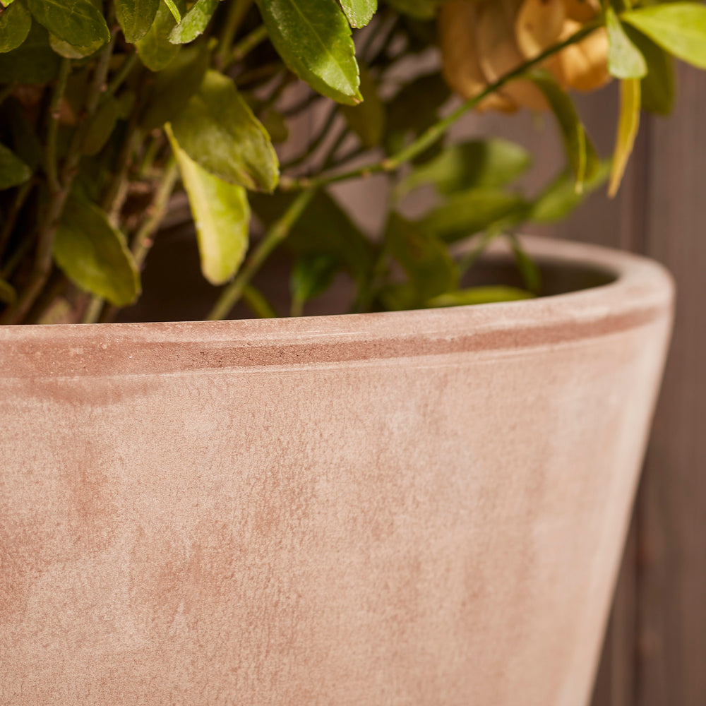 Close-up of the Borge Large Grey Terracotta Pot showcasing its soft, textured grey-washed finish. A durable, weather-resistant planter designed for outdoor use.