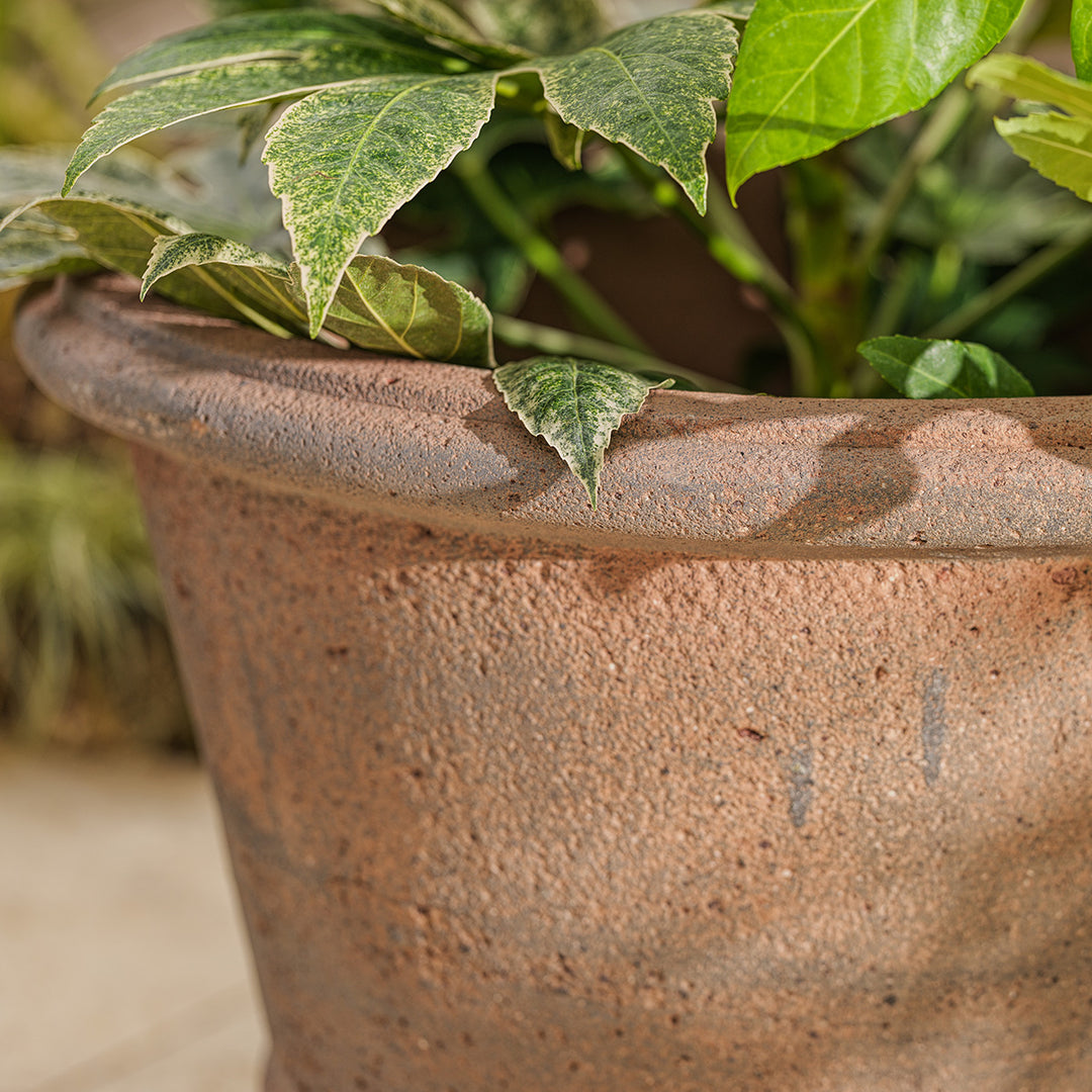 Close-up of the Desi large garden plant pot showing the weathered texture and rolled rim in a rustic old stone finish, perfect for timeless garden styling.