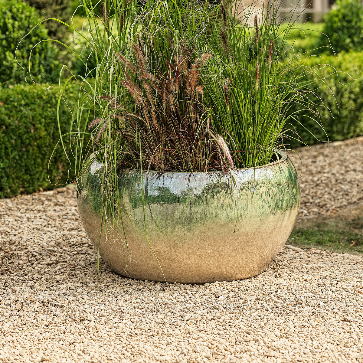 Large glazed bowl planter in green reactive glaze, planted with ornamental grasses for modern outdoor styling.