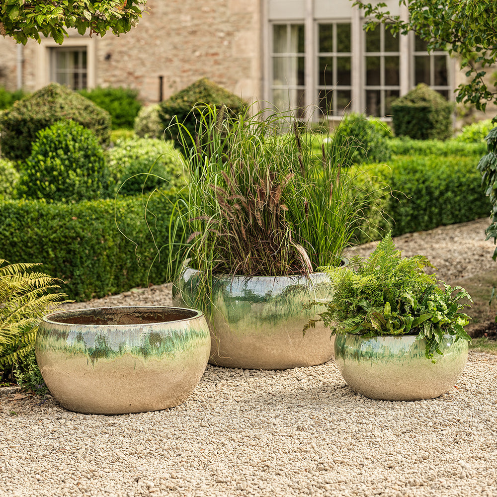 Estee large glazed bowl planter in green with round low profile design, ideal for ferns or grasses.