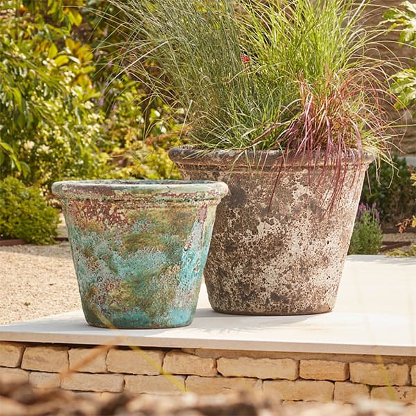 two large turquoise and stone garden plant pots in a premium antique glaze 