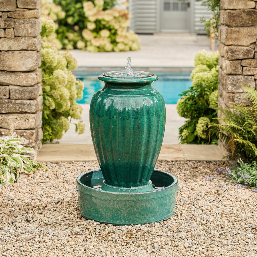 Green glazed urn water feature with LED light, no plumbing needed and 10m power cable – elegant garden focal point.