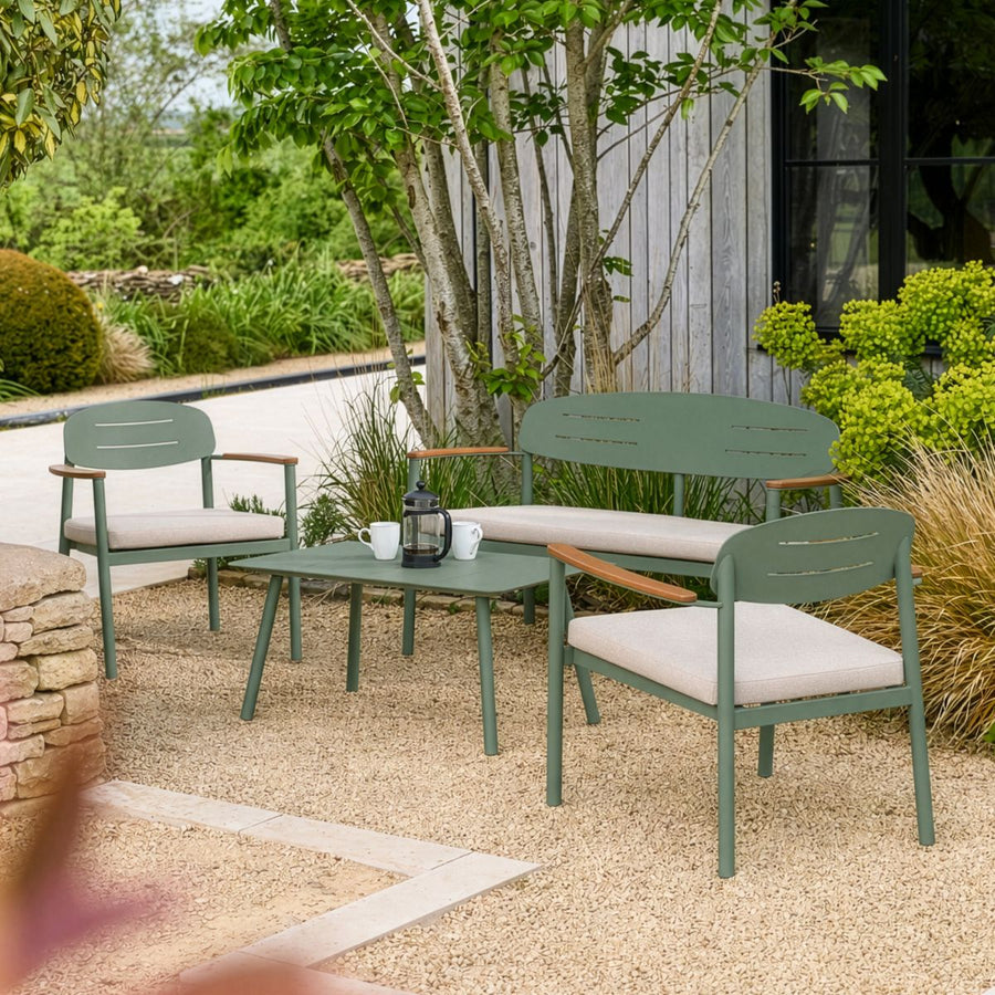 Modern powder-coated steel garden lounge set in green with outdoor cushions and eucalyptus wood armrests