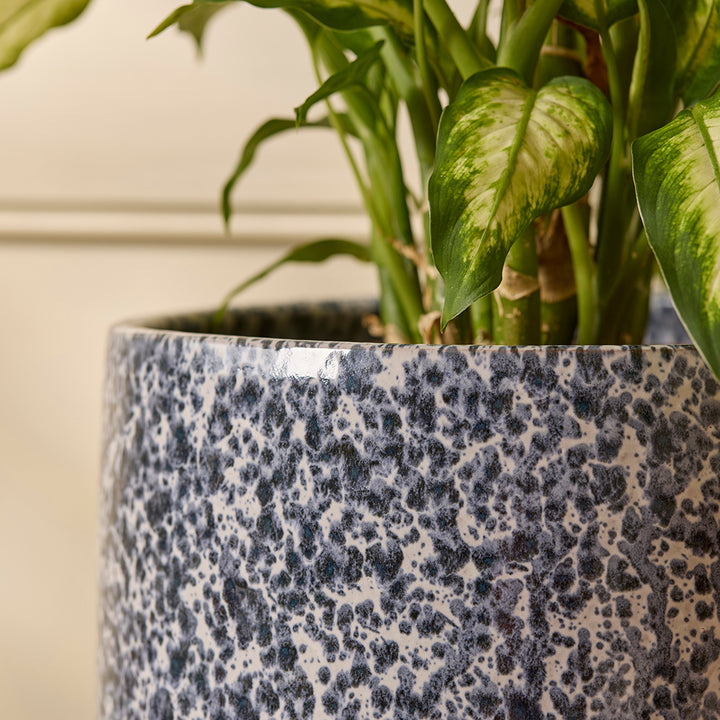 Lotte Indoor Plant Pot close up view of a deep blue glaze mottled with an off white and light blue finish, styled in a modern interior with a plant.