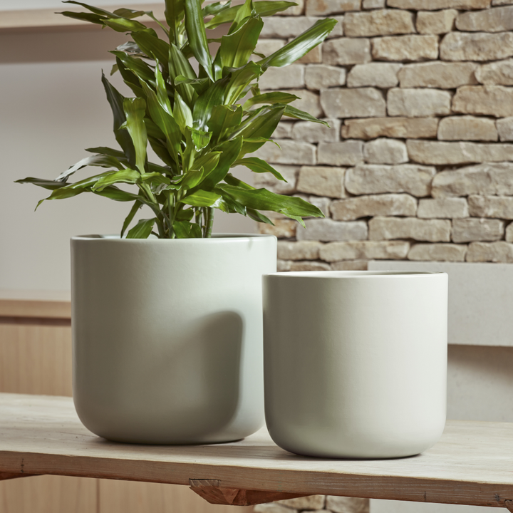 Nova Indoor Plant Pots in cream and soft grey, styled with lush greenery for a modern interior look.