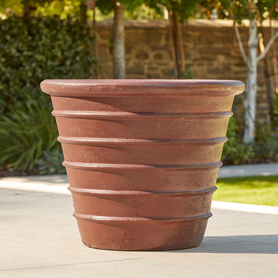 large 70cm glazed garden plant pot with ribbed design in rustic brown finish, perfect for statement planting in gardens or patios
