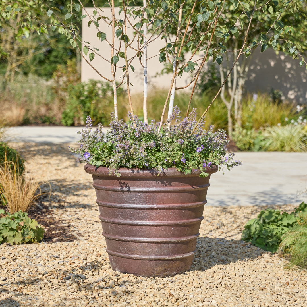 A large ribbed brown planter filled with green foliage and small purple flowers, placed outdoors on a gravel path in a landscaped garden.