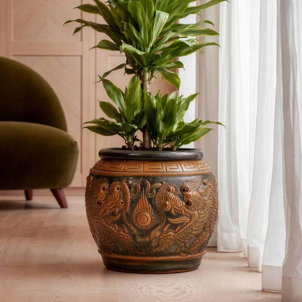 Phaya Indoor Plant Pot with an intricate hand-carved design, featuring organic curves and a smooth finish, displayed in a modern interior.
