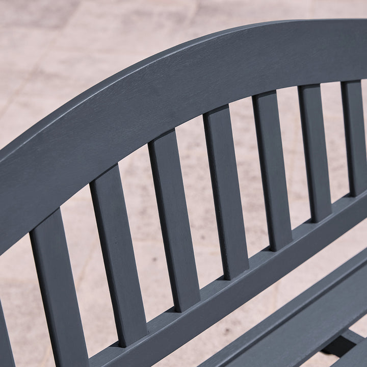 Close-up of charcoal wooden garden bench backrest with vertical slats and curved rail, finished in a matte outdoor paint.