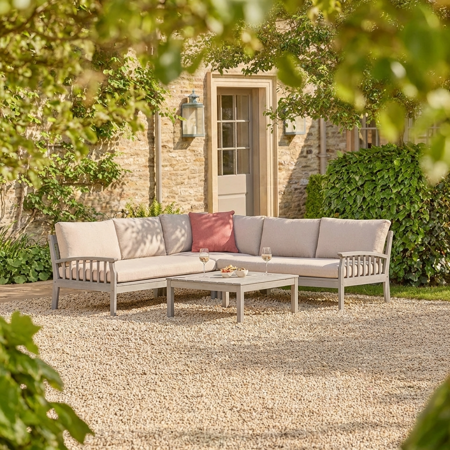 Outdoor patio set with a gray sectional sofa and coffee table on a gravel patio.