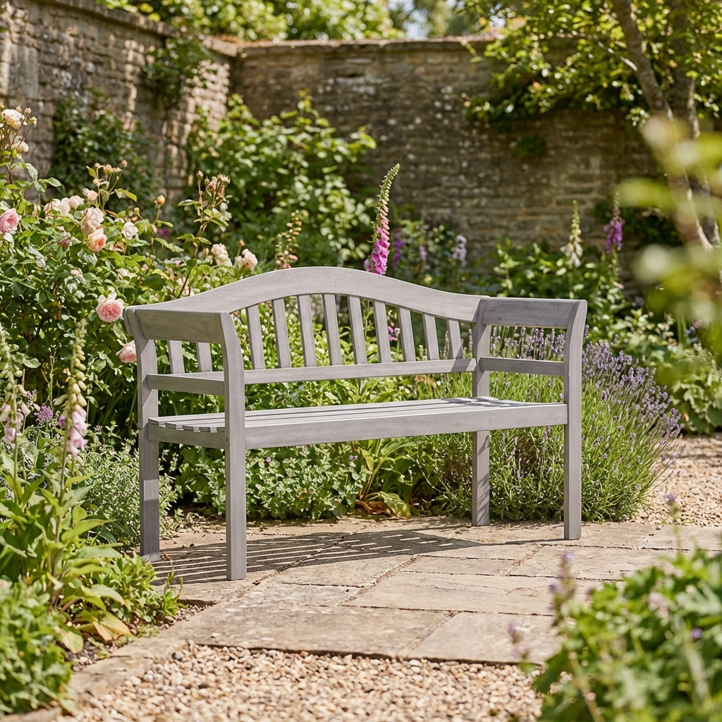 Gray garden bench in a lush cotswold garden setting with cottage garden flowers and a stone wall.