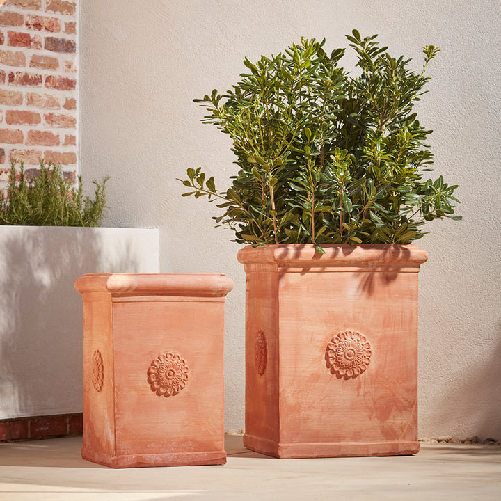 Pair of handcrafted Italian terracotta square garden plant pot in two sizes, made from authentic Galestro clay and featuring a classic rosette motif. Perfect fo Tuscan inspired UK gardens 
