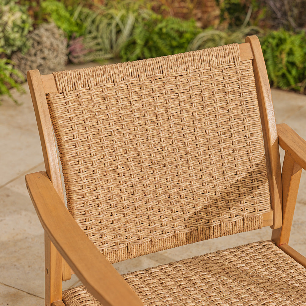 Woven chair with a textured backrest in an outdoor setting