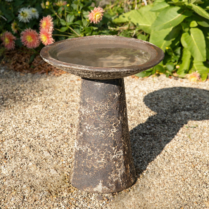 Close-up of the Ancient Salt Glaze Bird Bath’s pedestal, highlighting its rustic stone-effect finish and hand-applied texture.