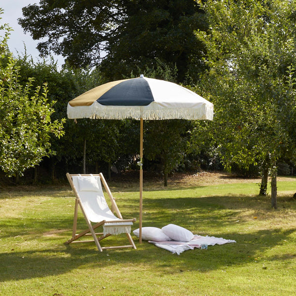 Colourful Fringed Garden Parasol with Metal Parasol Base