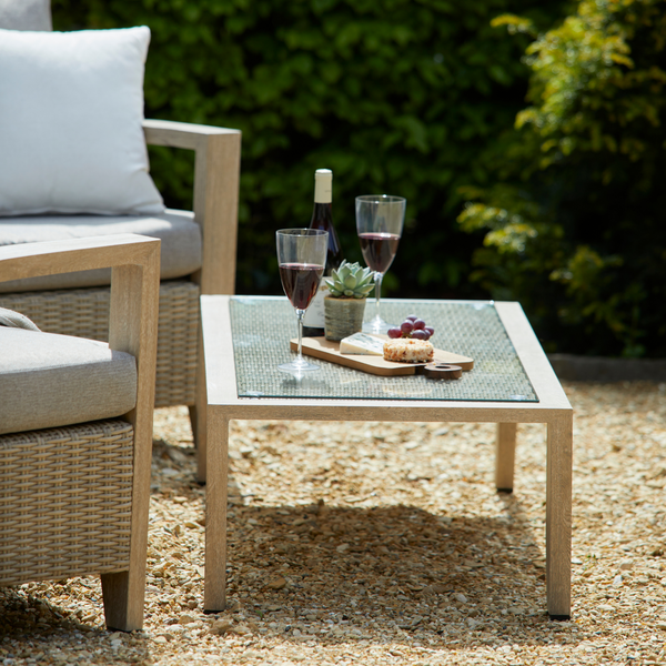 Coffee Table with Glass Top & Cushioned Garden Chairs - Wood Effect Aluminium - Sherwood