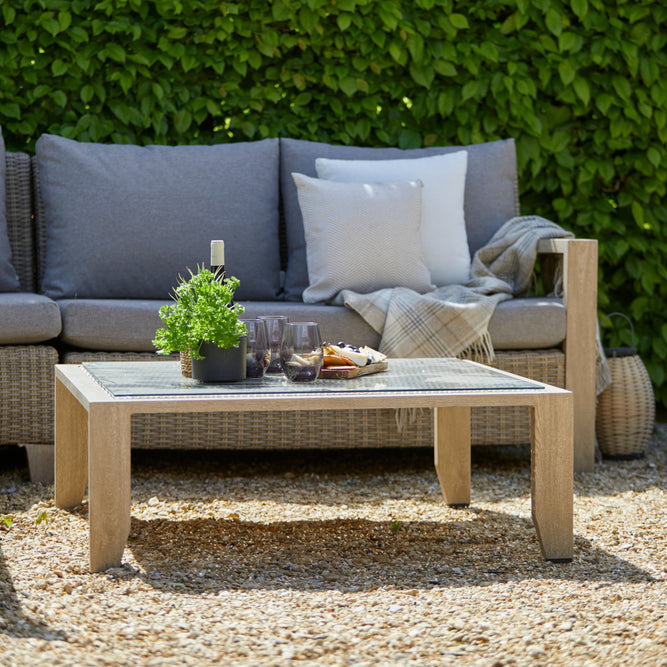 6 Seater Wood Effect Aluminium Garden Corner Sofa with Coffee Table - Sherwood at Gardenesque