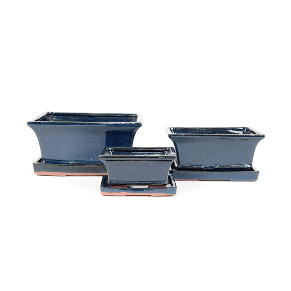 Tenmei Rectangular Dark Blue Bonsai Plant Pot & Saucer Set - Gardenesque