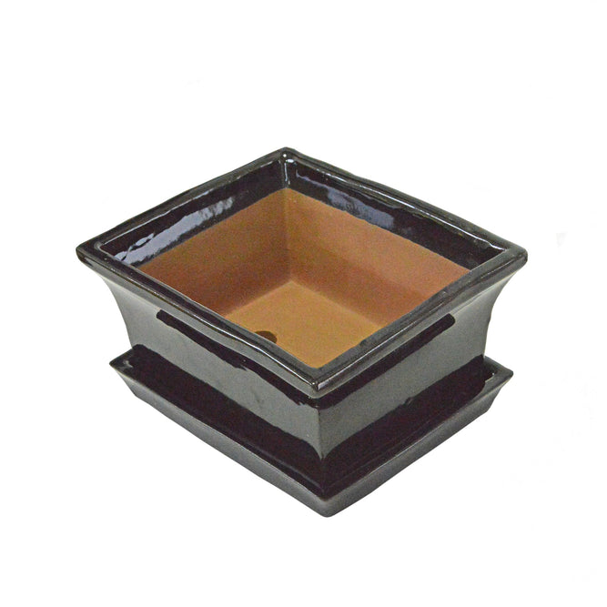Black Ceramic Rectangular Bonsai Pot with Dish - Gardenesque