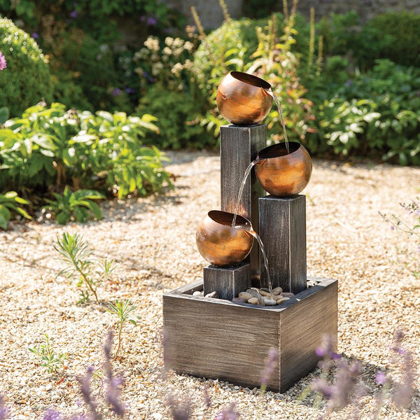 3 Tier Copper Bowl Water Feature with LED Lights at Gardenesque