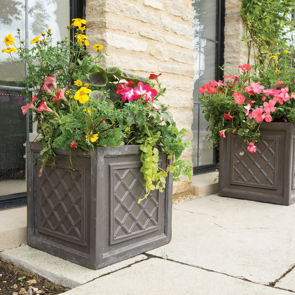 Charcoal Grey Plant Pots Outdoor - Lightweight Lattice Faux-Lead Squares - 4 Sizes at Gardenesque