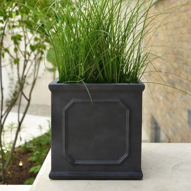 Charcoal Grey Plant Pots Outdoor – Lightweight Faux-Lead Square - at Gardenesque