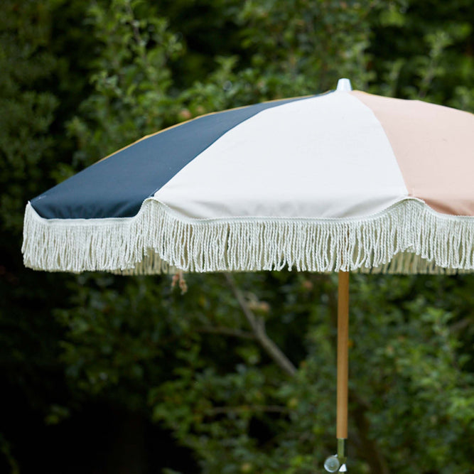 Colourful Fringed Garden Parasol with Metal Parasol Base
