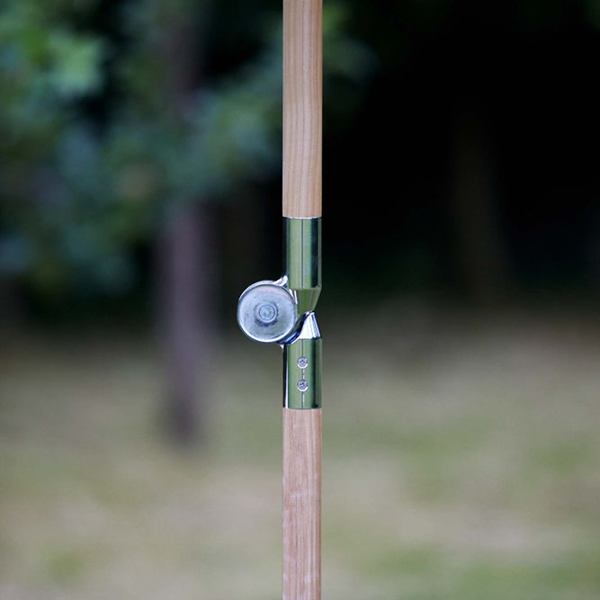 Green Striped Fringed Garden Parasol with Metal Parasol Base at Gardenesque